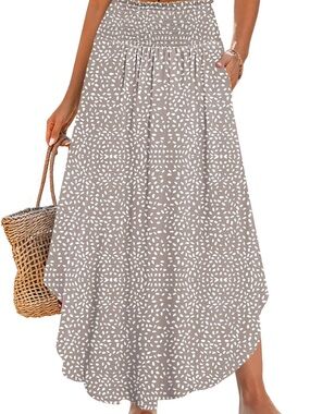 Smocked Waist Taupe Printed Maxi Skirt with White Dot Pattern - NWOT